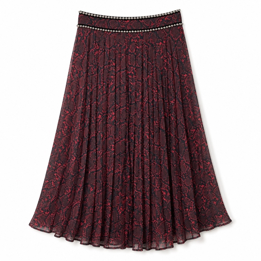Whimsigoth Edgy Red Snakeskin Pleated Flowy Midaxi Skirt Pearl Trim Printed - M